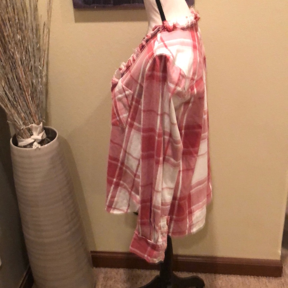 Free People Always Forever Ruffle Red Pink Plaid Flannel Top Small - Picture 8 of 12